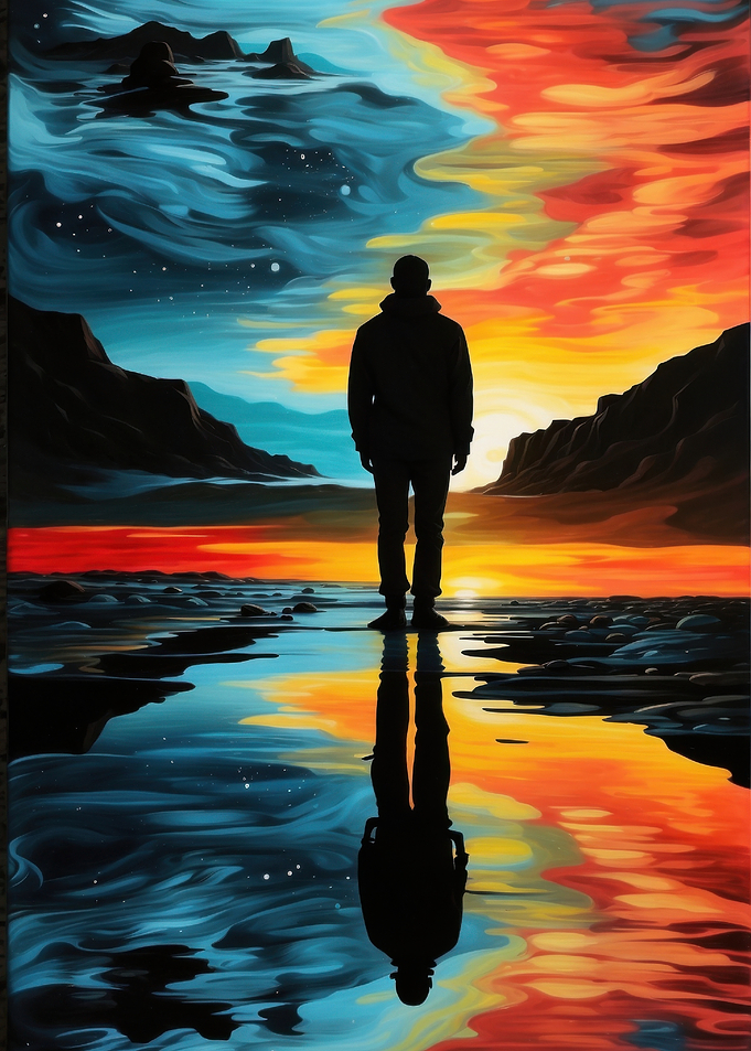 Silhouette on Reflective Shoreline at Sunset