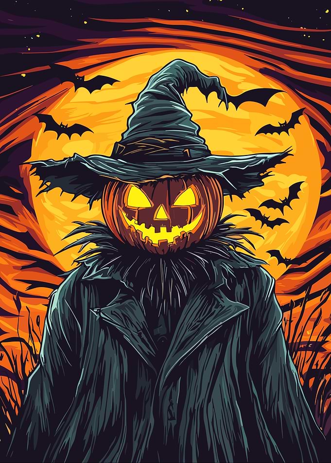 Halloween Pumpkin Scarecrow with Bats