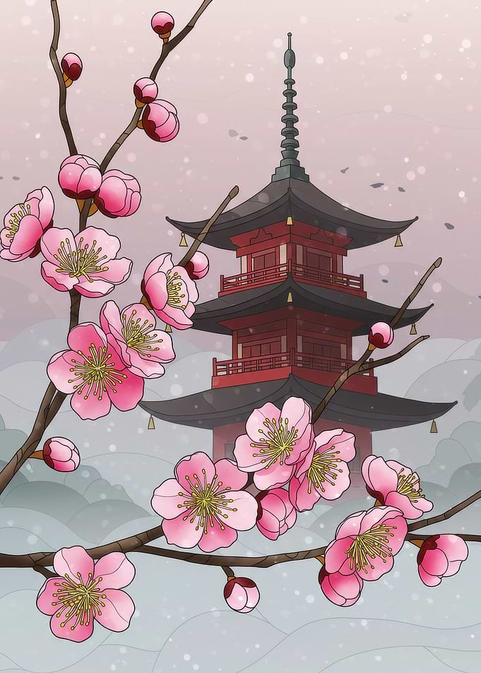 Japanese Pagoda with Cherry Blossoms
