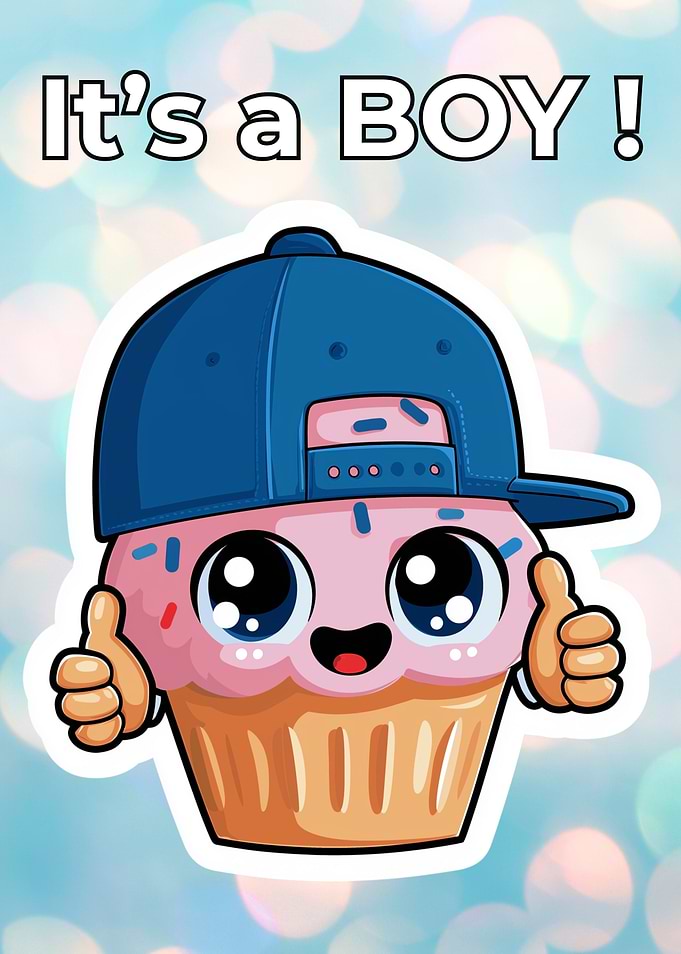 It's a Boy Cupcake Cartoon - Baby Boy Pregnancy Announcement for Gender Reveal Party