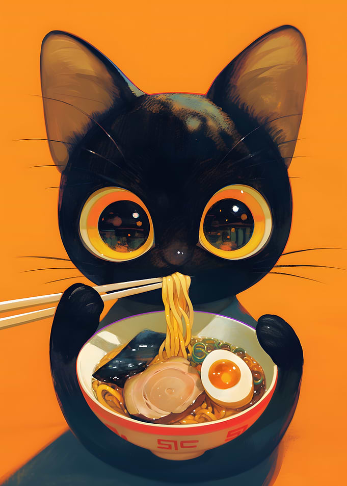 Black Cat Eating Ramen Illustration