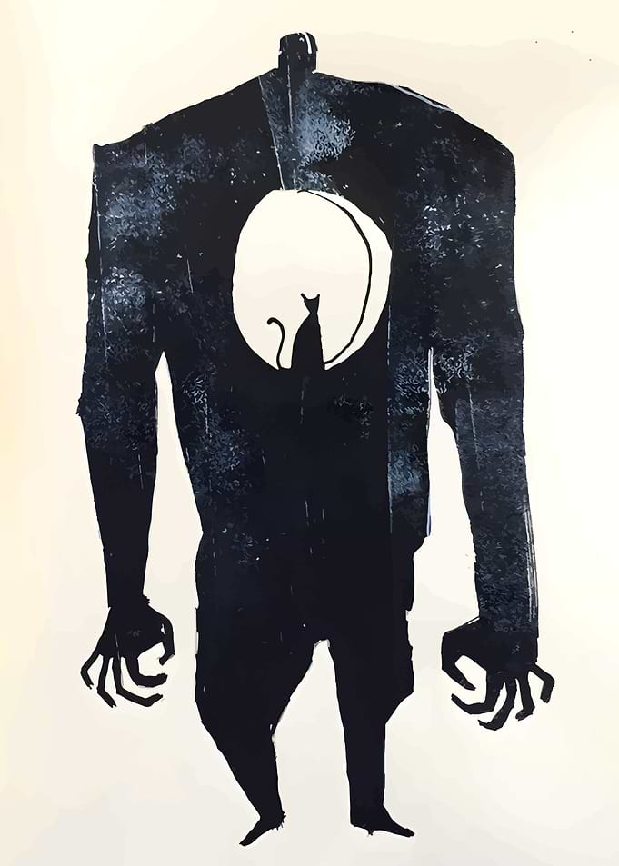 Silhouette of Figure with Cat and Moon