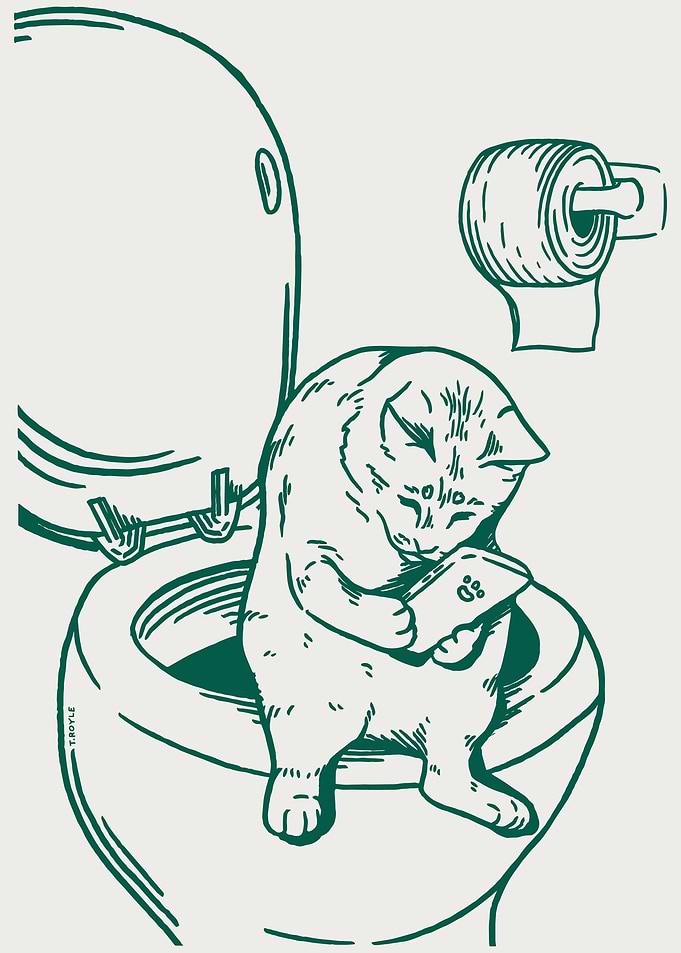 Cat Using Toilet Funny Bathroom Art
