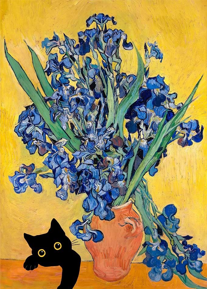 Irises with Black Cat
