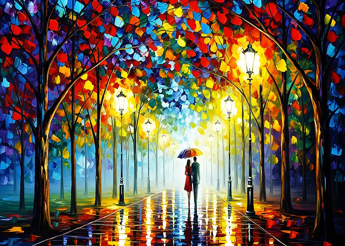 Colorful Rainy Park Romance Painting