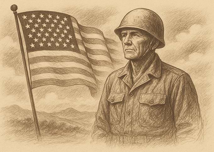 American Soldier with Flag Pencil Drawing