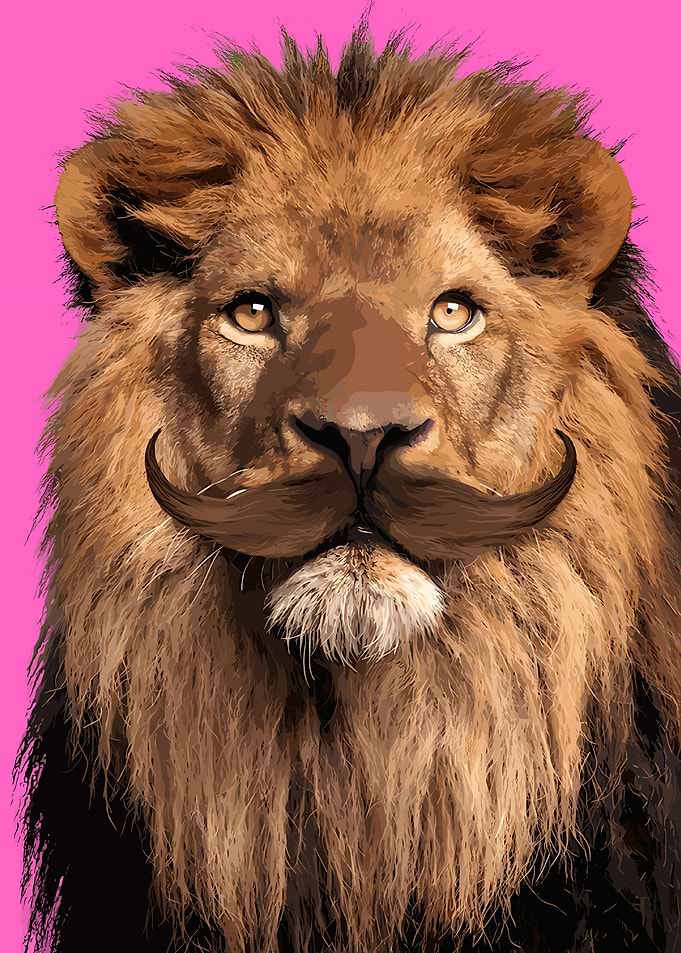 Lion with Mustache on Pink Background