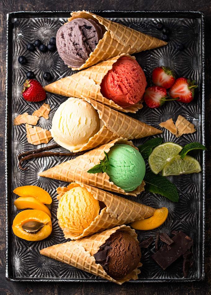 Colorful Ice Cream Cones on Tray