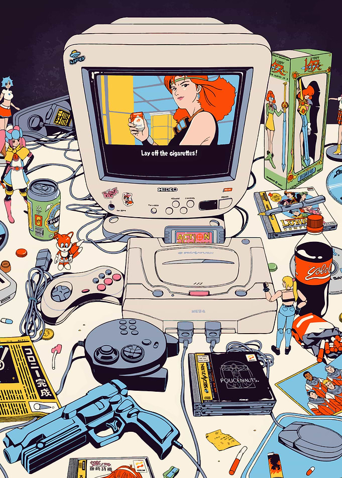 Retro Gaming Setup with Anime Elements