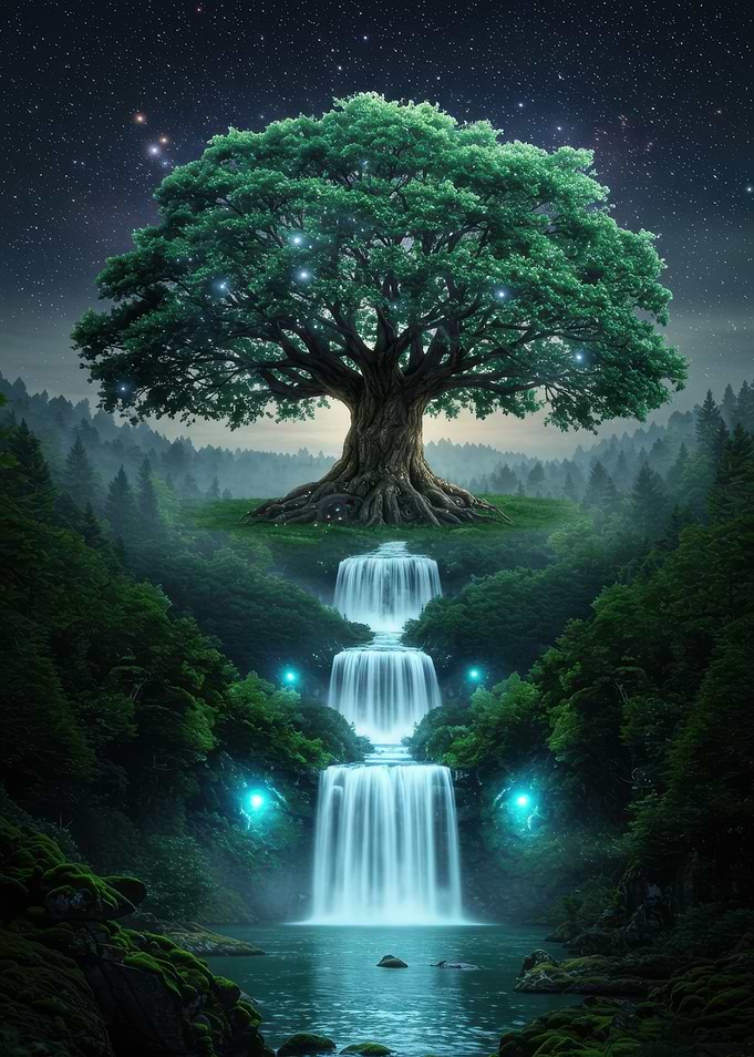 Magical Tree and Waterfalls at Night