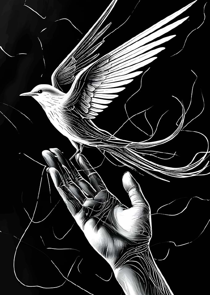 Bird on Hand Black and White