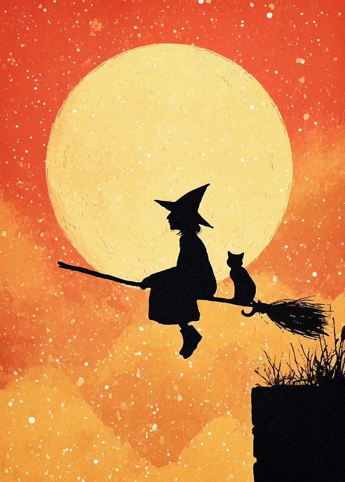 Witch and Cat Silhouette on Broom