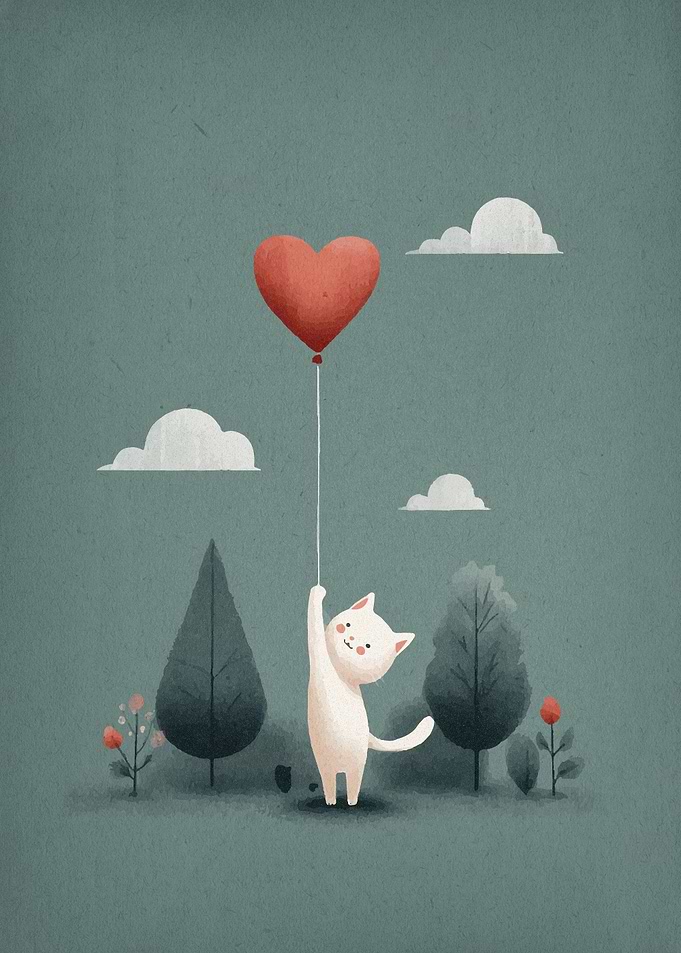 Cat with Heart Balloon in Nature