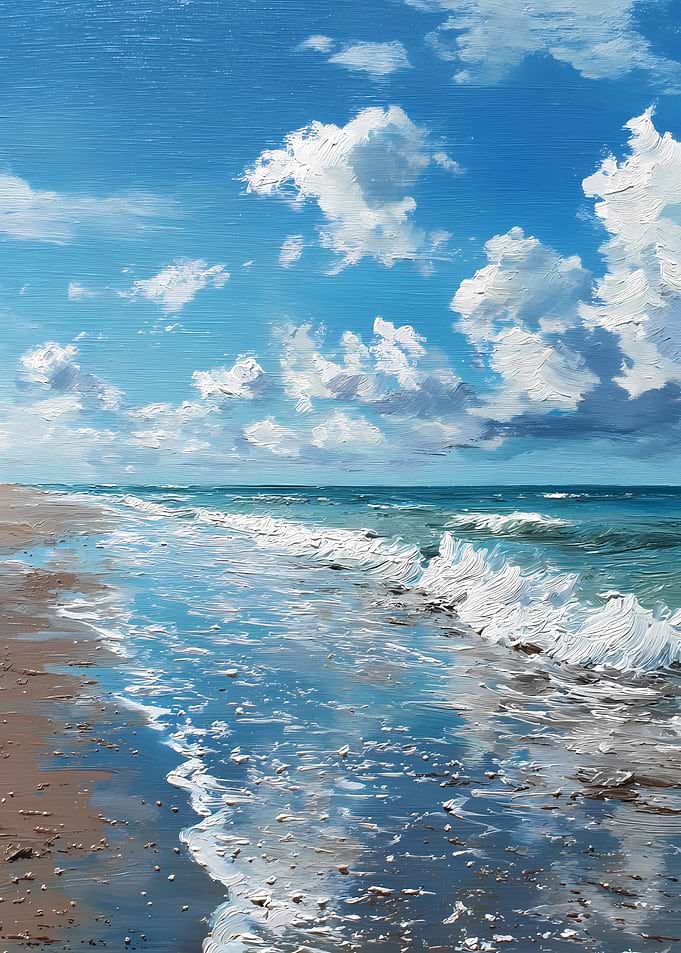 Seascape Painting with Waves and Clouds