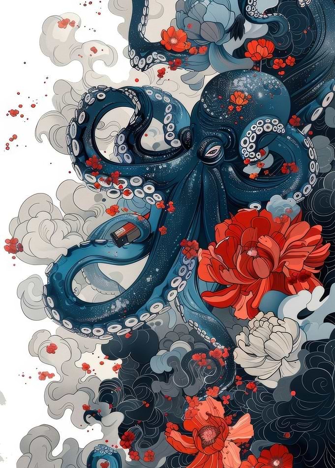 Octopus with Flowers and Clouds