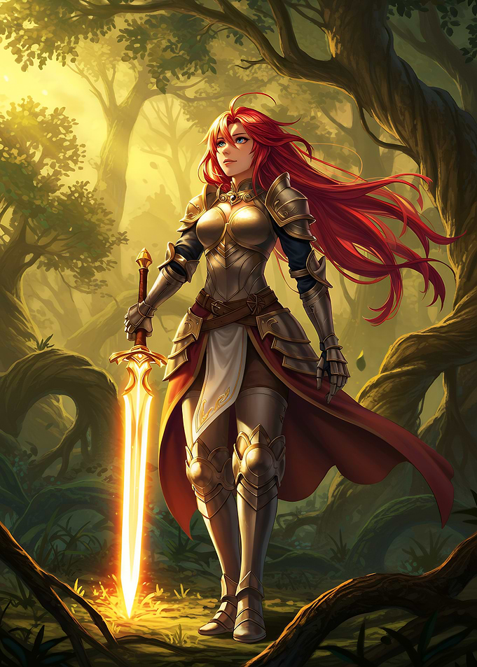 Radiant Warrior in Enchanted Forest Holding Glowing Sword Fantasy Art.