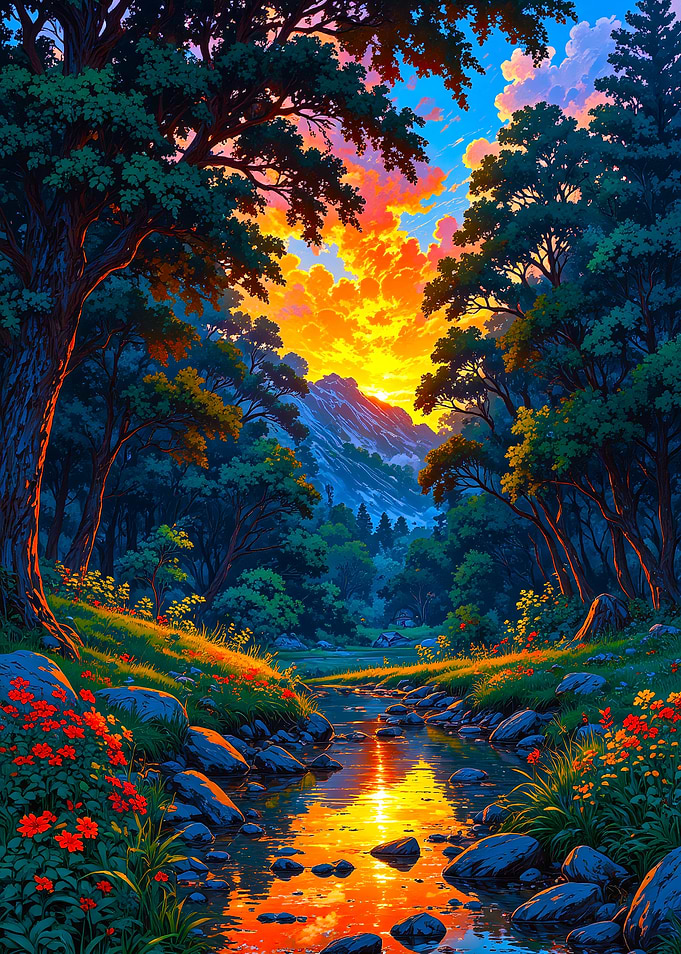 Vibrant Forest Stream at Sunset
