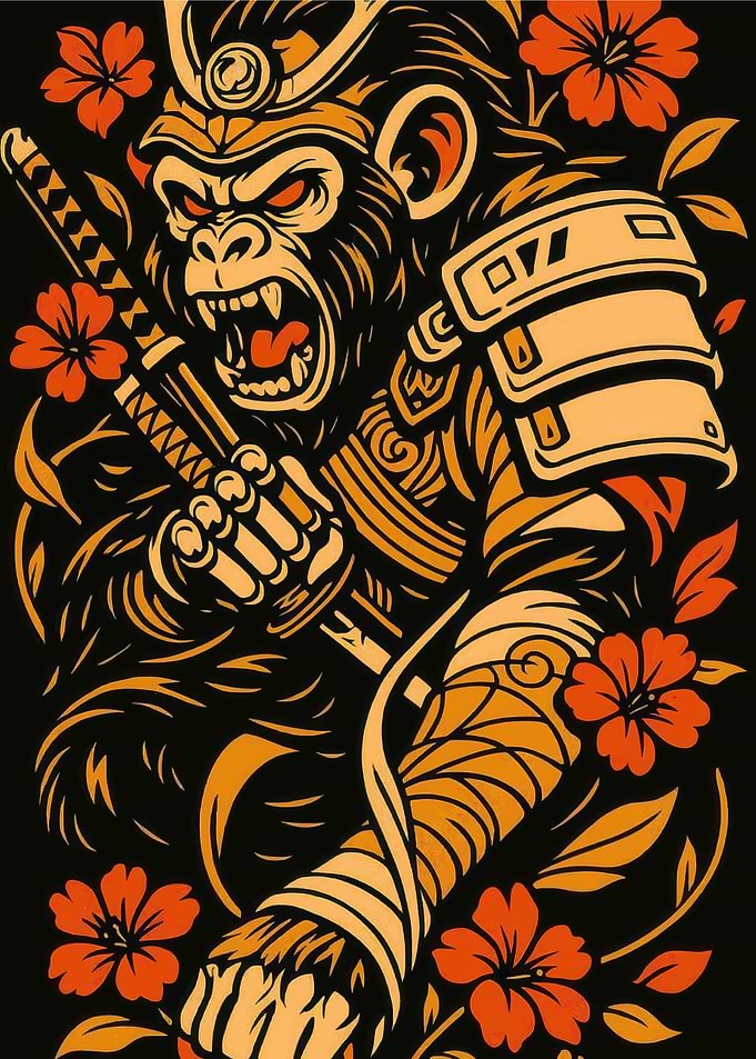 Samurai Gorilla with Sword and Flowers