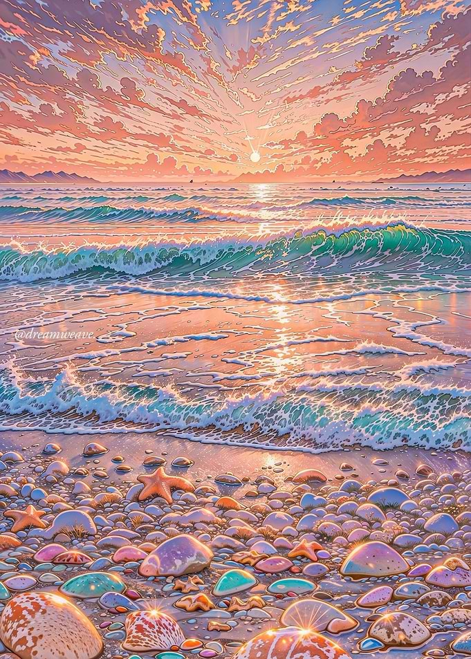 Pastel Beach Sunset with Colorful Stones
