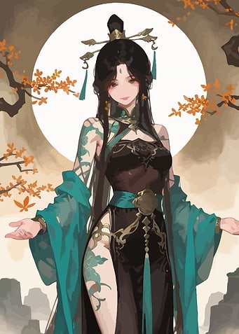 Elegant Asian Woman with Moon Background