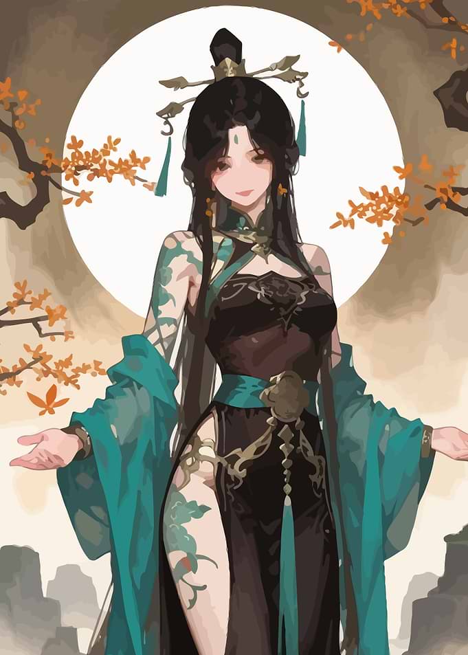 Elegant Asian Woman with Moon Background