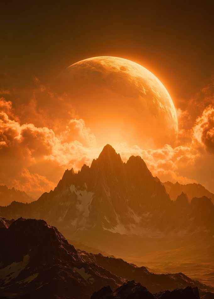 Orange Planet Over Mountain Landscape