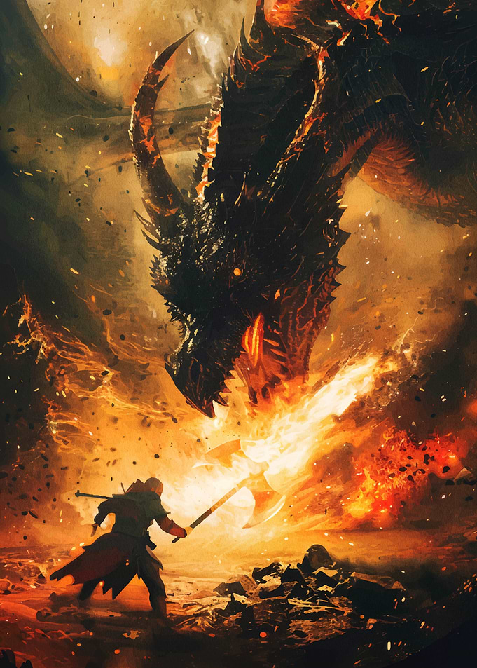 Dragon and Warrior in Fiery Battle