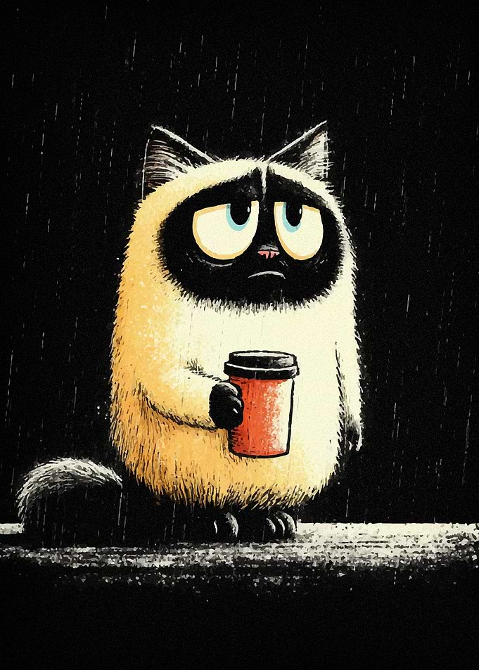 Sad Cat with Coffee in Rain