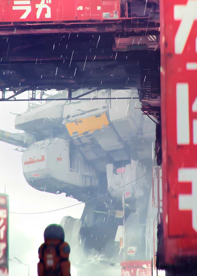 Cyberpunk Cityscape with Robot and Rain