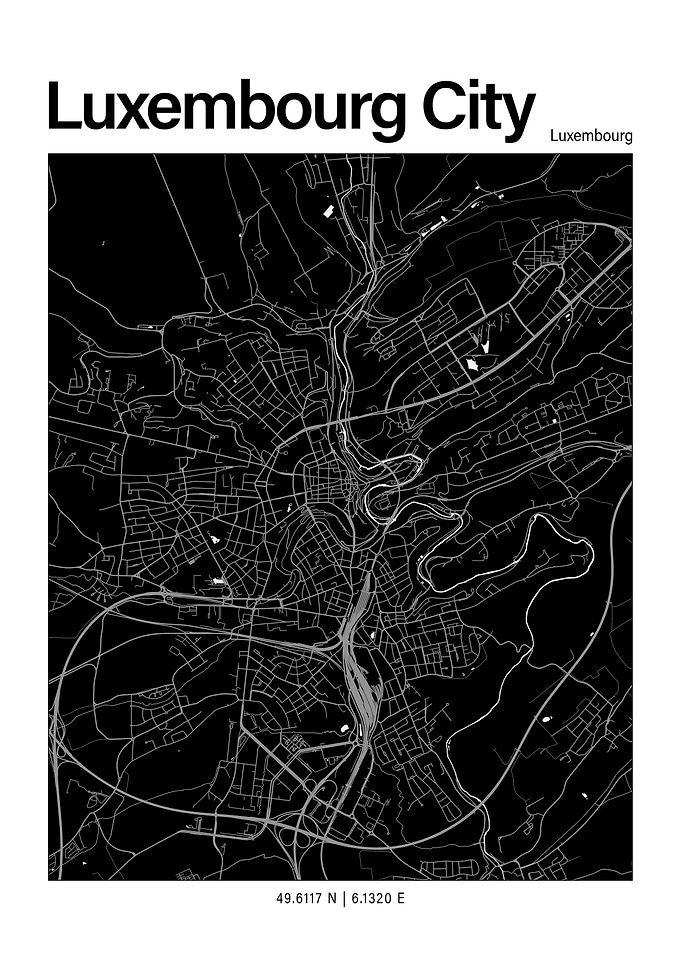 Luxembourg City Black and White Map