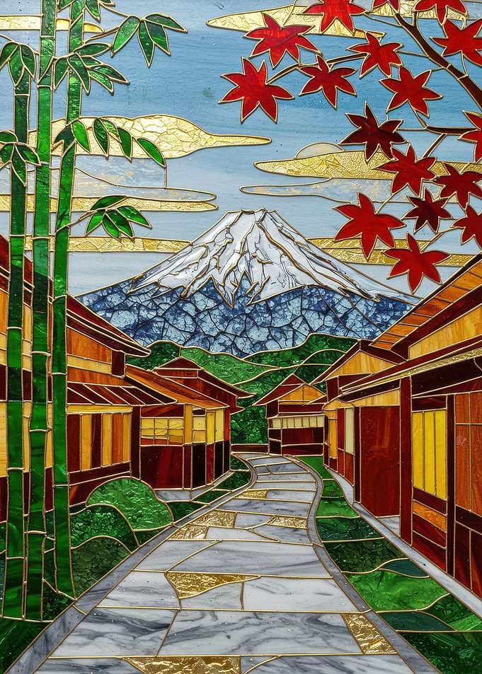 Mount Fuji Stained Glass Landscape