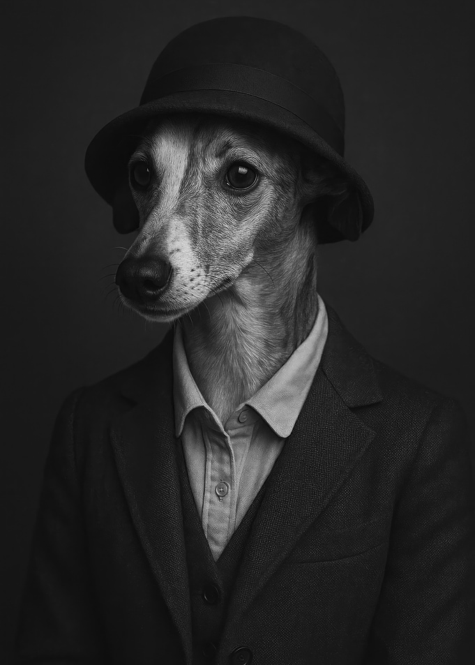 Vintage Whippet Dog in Suit and Hat
