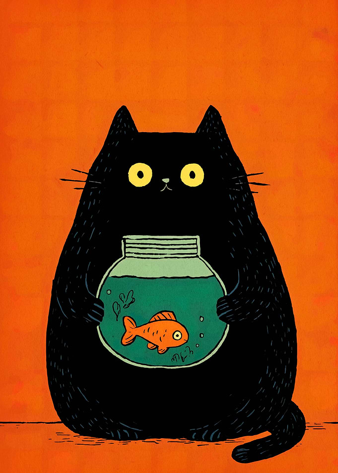Black Cat Holding Fishbowl Illustration