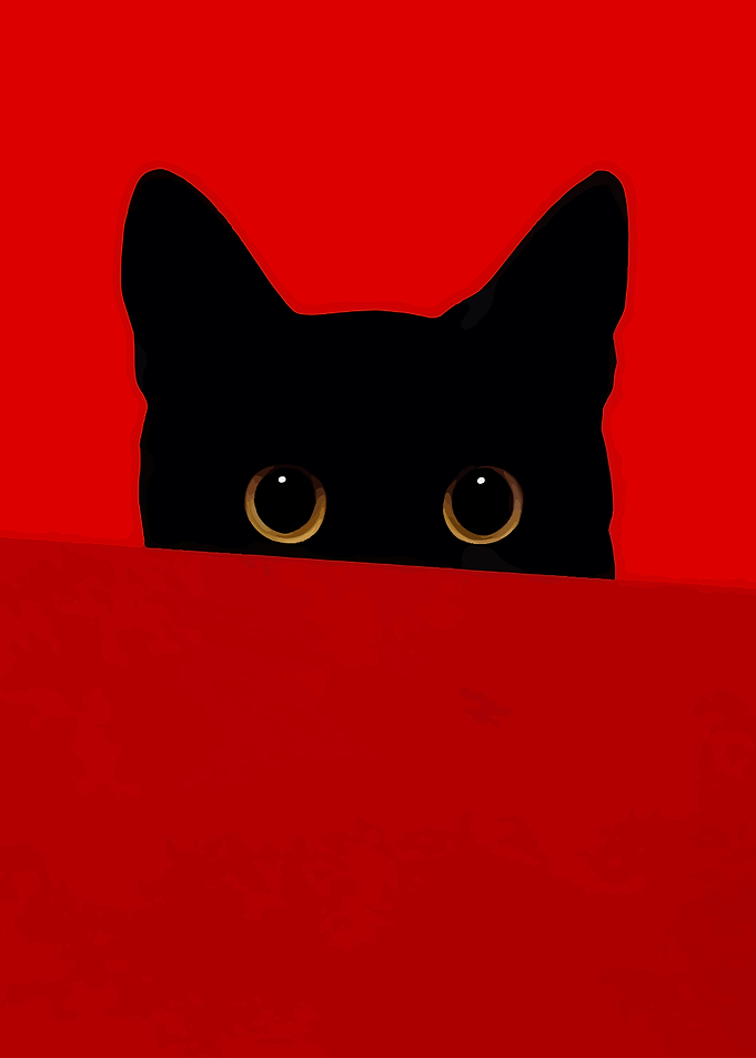 Peeking Black Cat on Red Background