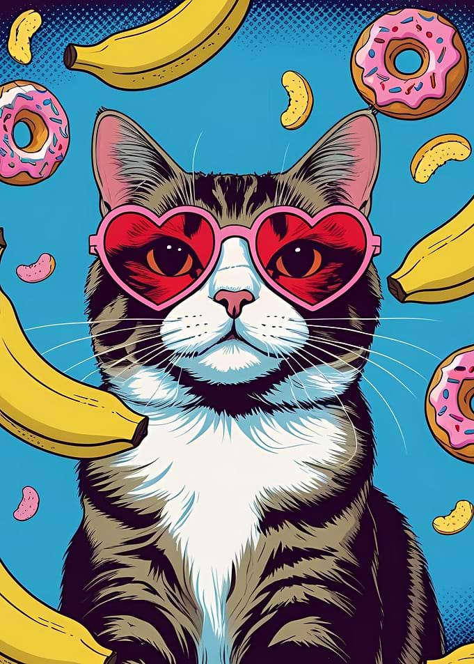Cat with Heart Glasses and Donuts