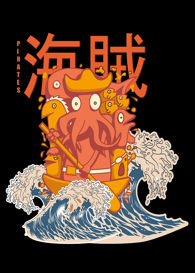 Cartoon Pirate Crew on Wavy Sea