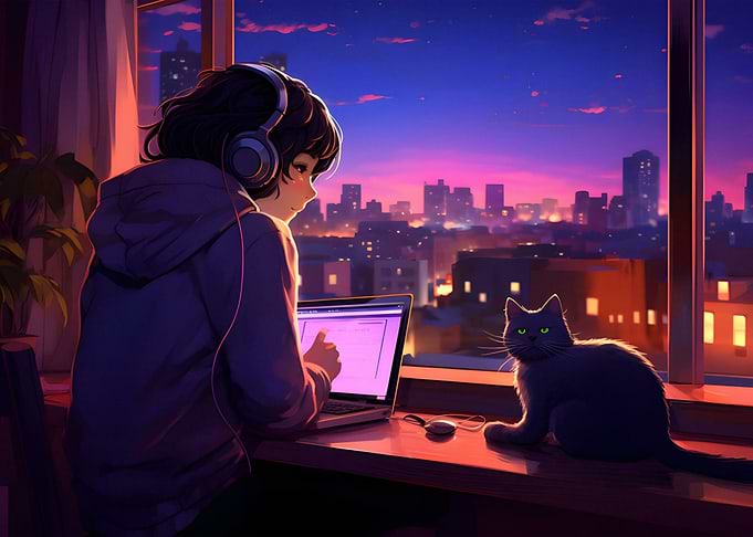 Girl with Cat at Sunset Window