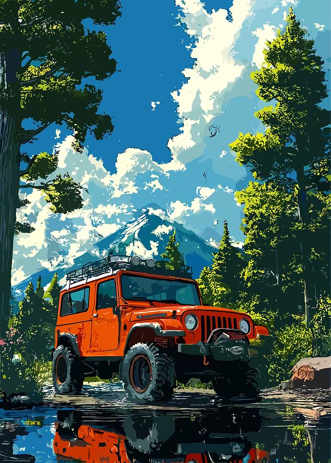 Orange Jeep in Mountain Landscape