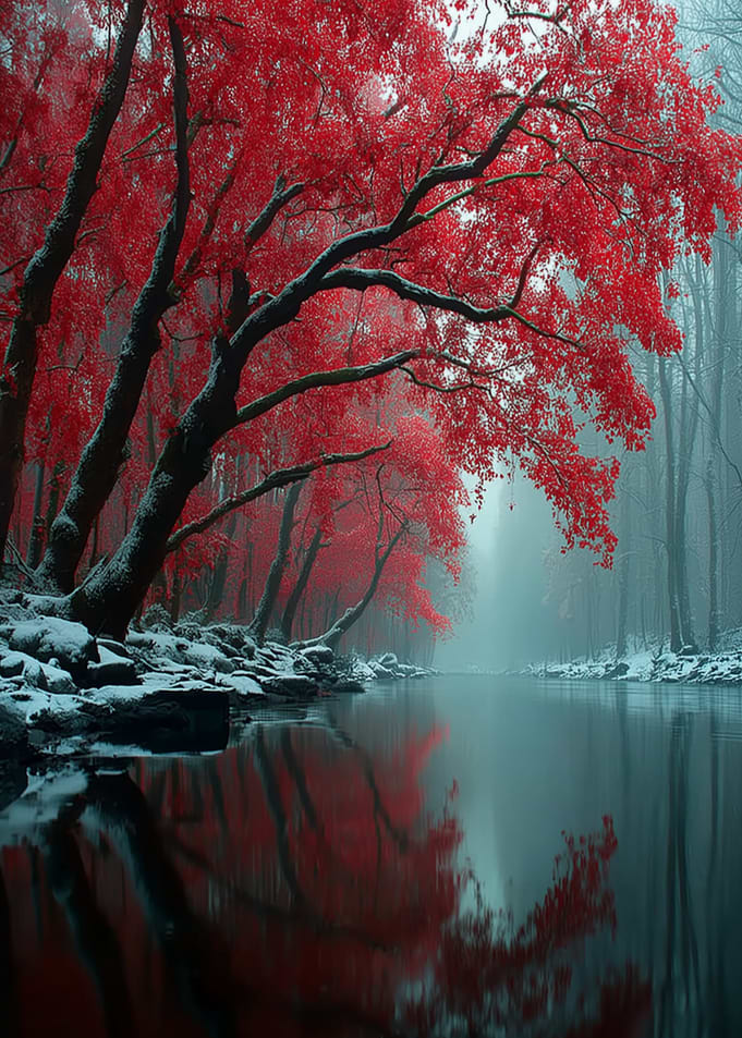 Red Trees Reflecting in Water