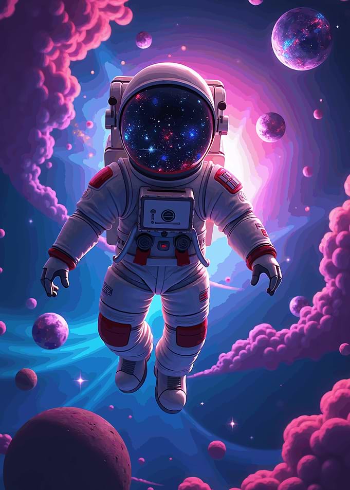 Psychedelic Astronaut Floating in a Neon Galaxy
