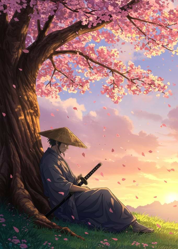 Samurai under Cherry Blossom Tree