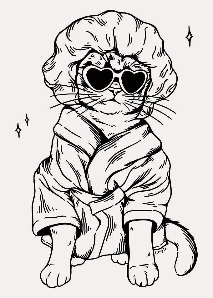 Cat in Robe and Heart Glasses, Funny Cat Wall Art