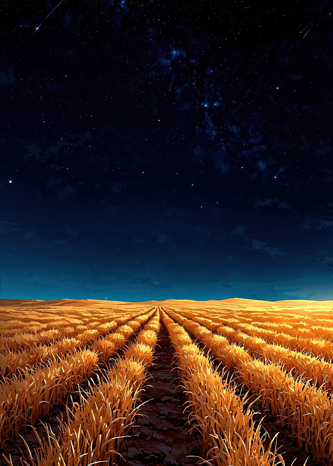 Wheat Field Under Starry Night Sky