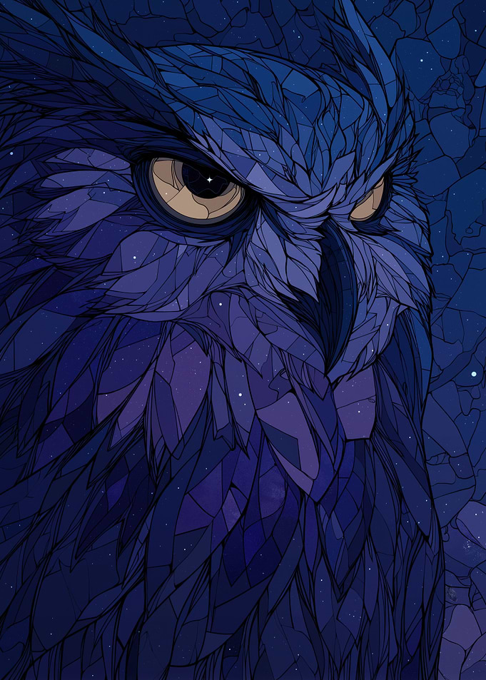 Abstract Owl Portrait in Blue Tones