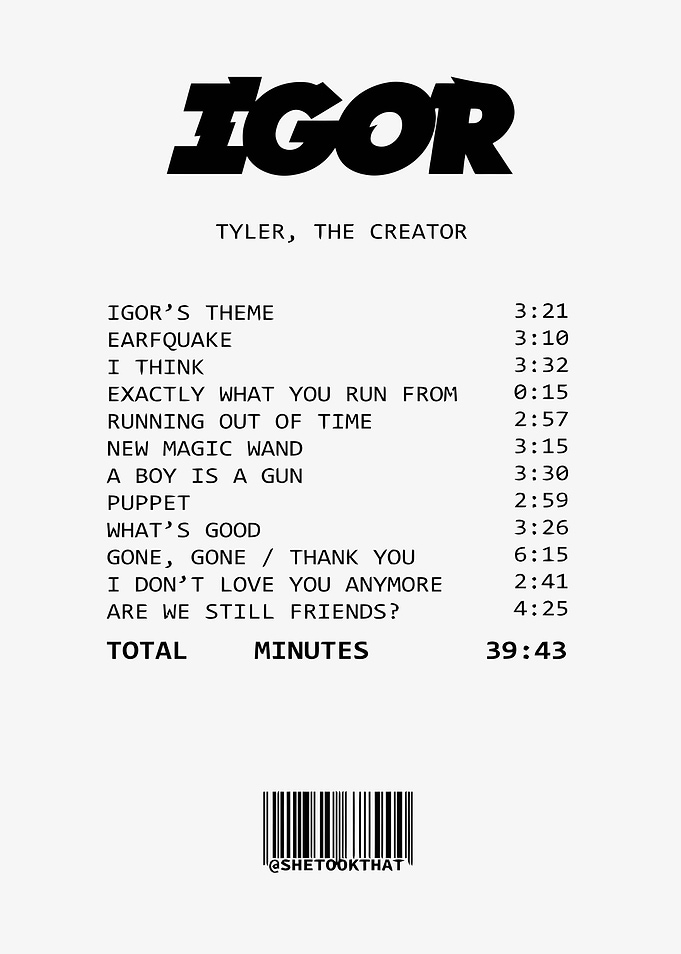 Tyler The Creator Igor album tracklist receipt