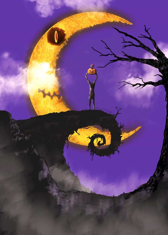 Pumpkin man praises his head to the dark moon at Halloween night
