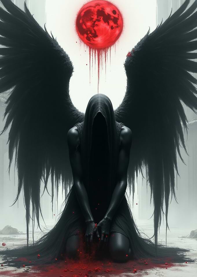 Winged Figure Under Blood Moon