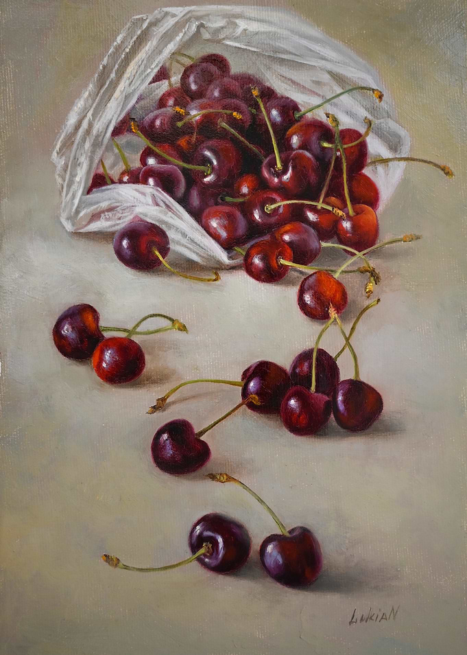 Cherries spilling from plastic bag painting