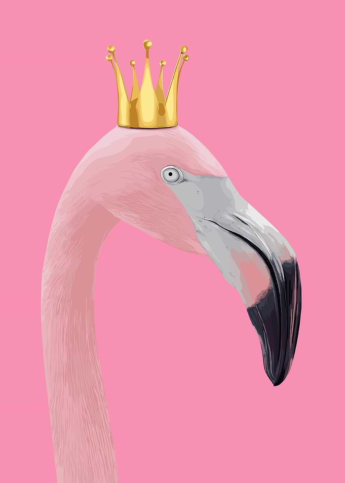 Flamingo with Crown on Pink Background