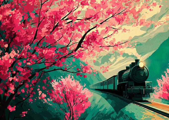 Train Through Cherry Blossoms Landscape